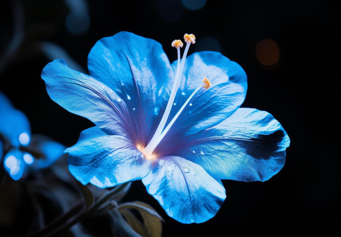 Vibrant blue hibiscus flower in close up photo