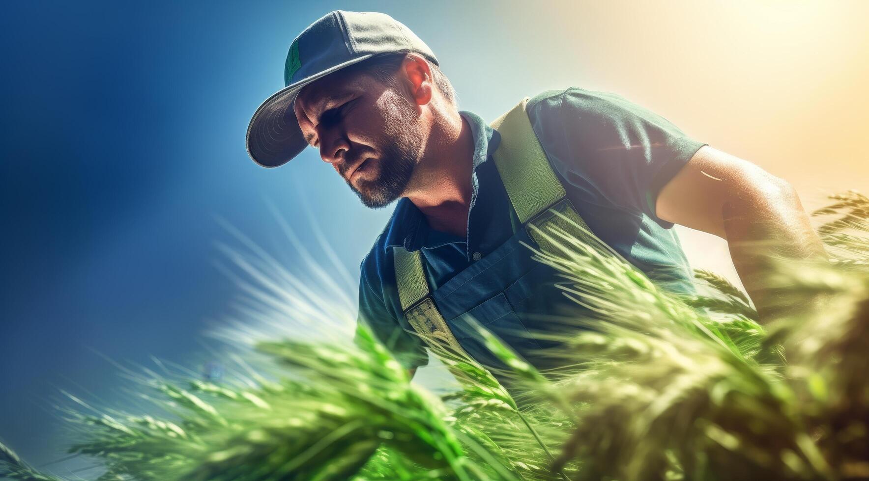 Farmer working in wheat field photo