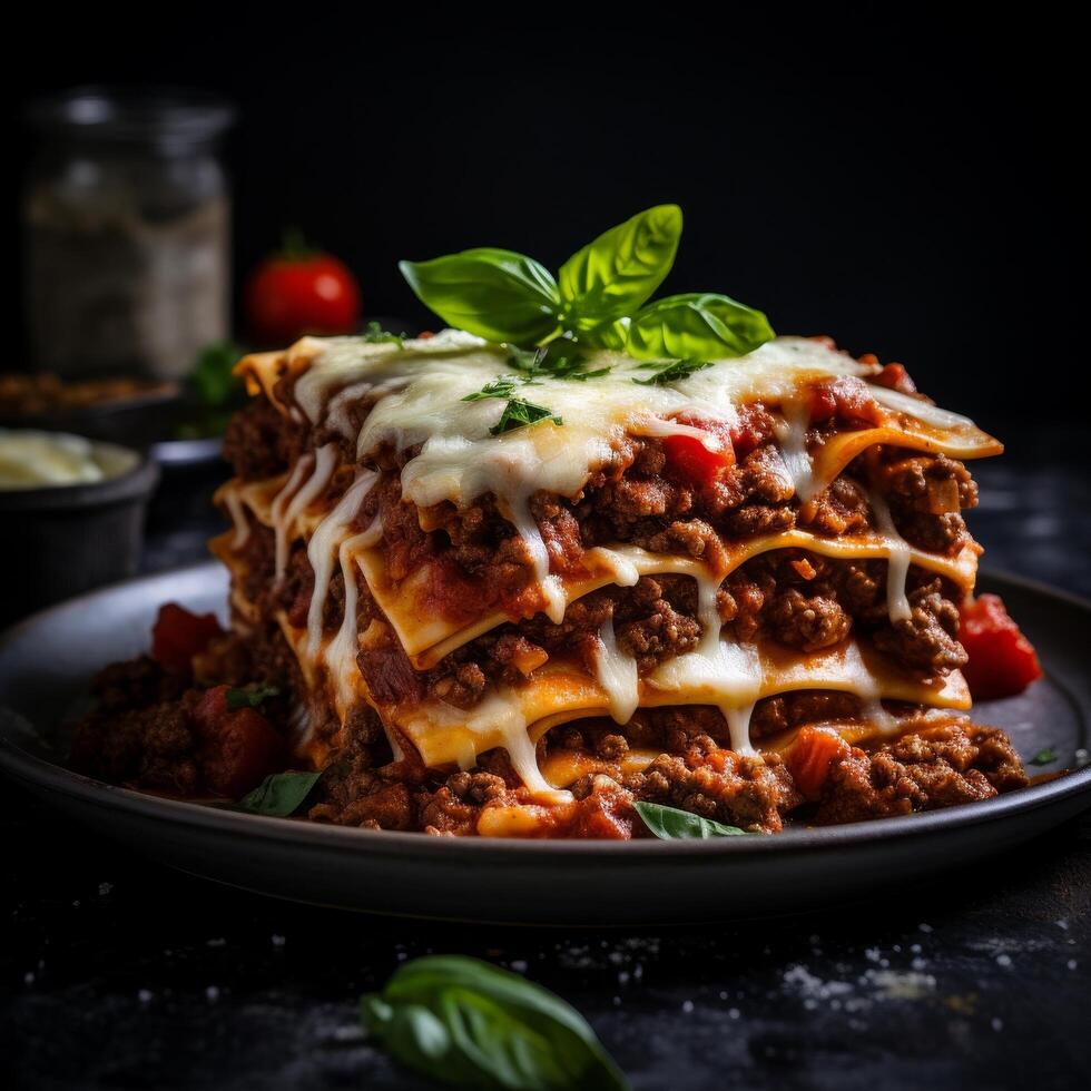Delicious homemade lasagna with meat sauce and melted cheese photo