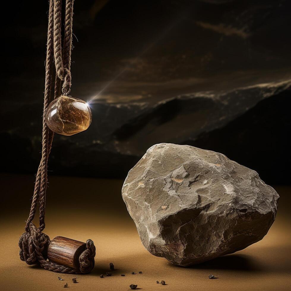 Dramatic lighting illuminates a large rock and hanging lantern photo