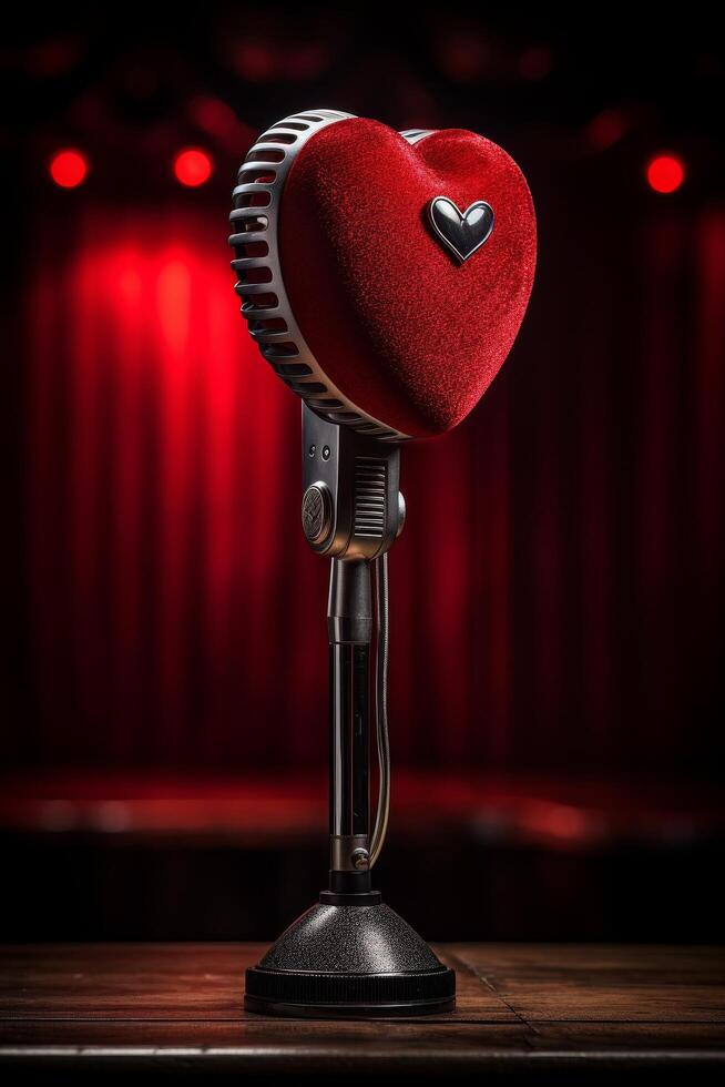 Glowing red heart shaped microphone on dark background photo