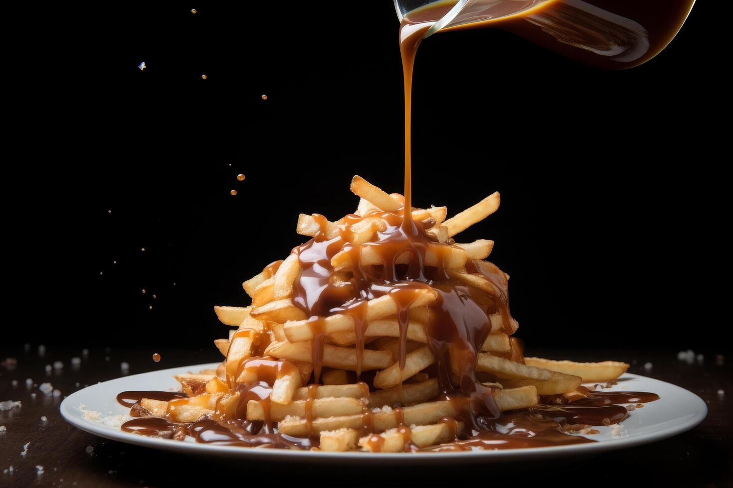 Delicious french fries with caramel sauce photo