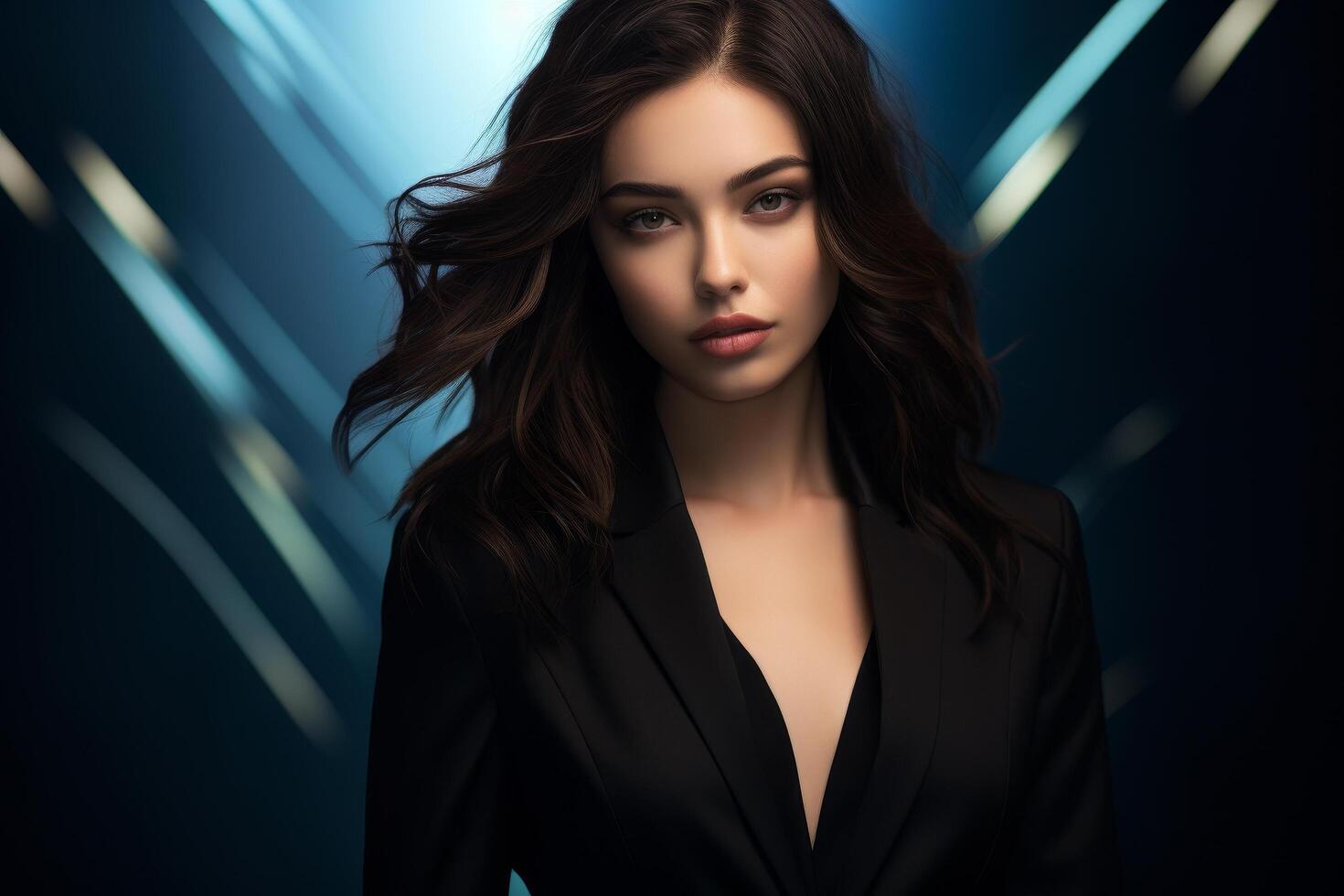 Confident and captivating woman in black coat photo