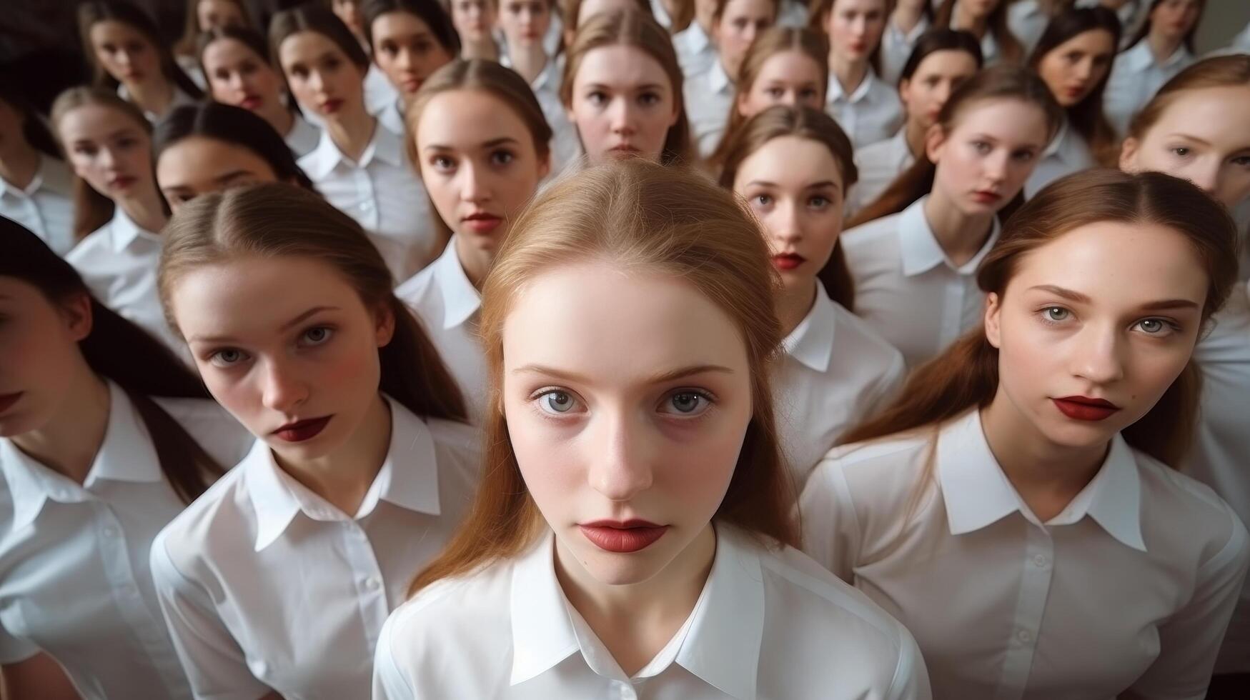 group of young women in white shirts photo