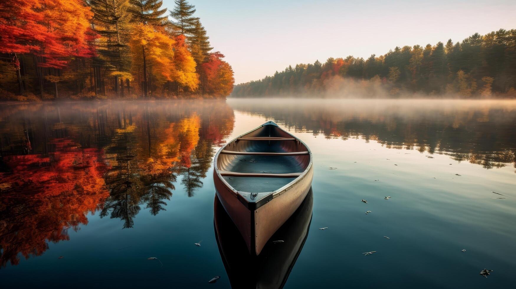 Serene autumn lake with colorful foliage and canoe photo