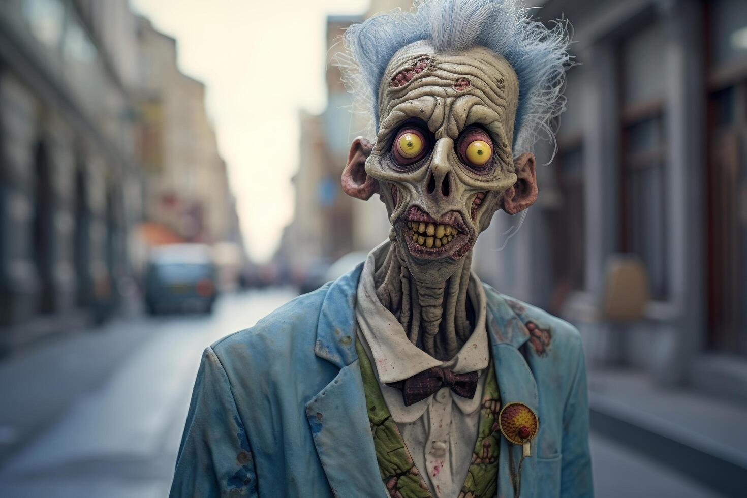 creepy zombie character with glowing eyes and tattered clothing photo