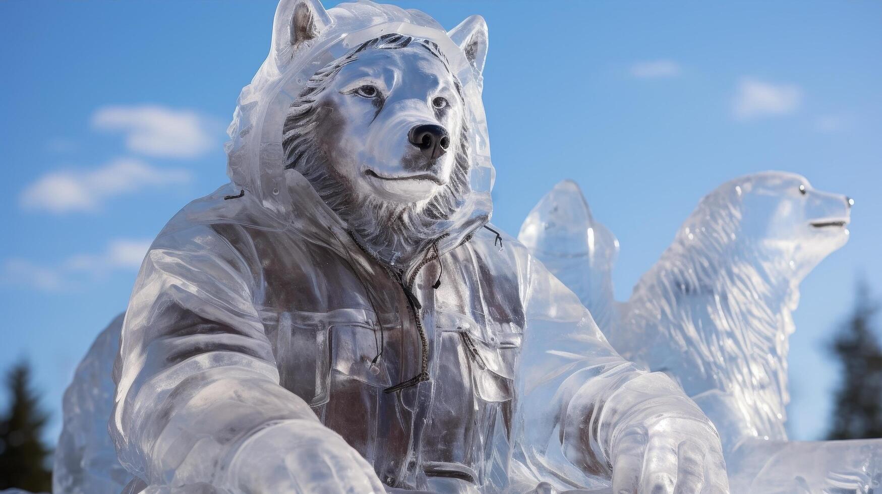 Smiling ice sculpture of a wolf in winter clothing photo