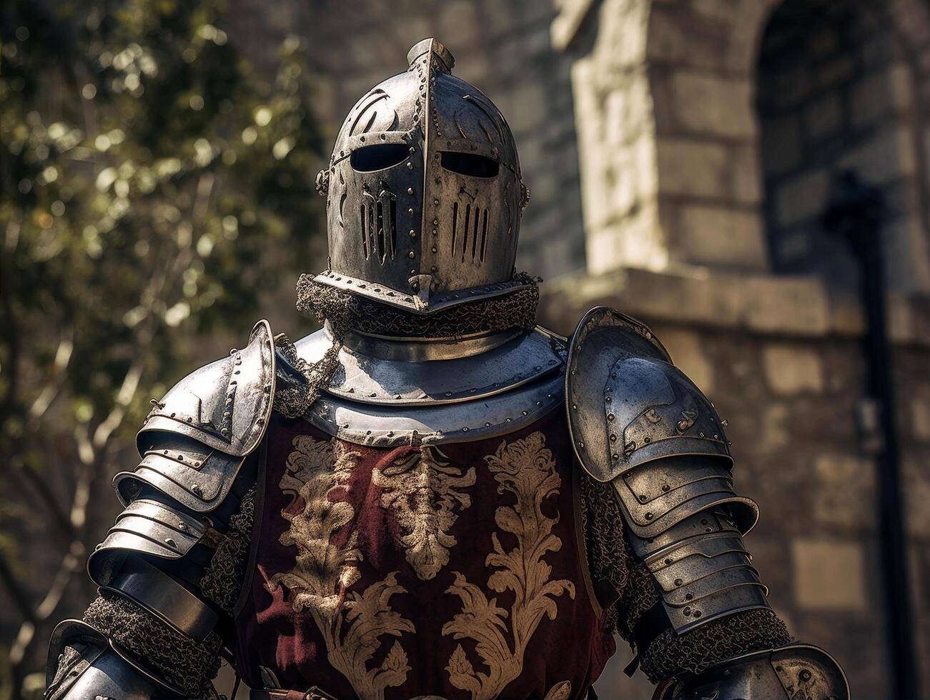 Armored medieval knight in ornate armor photo