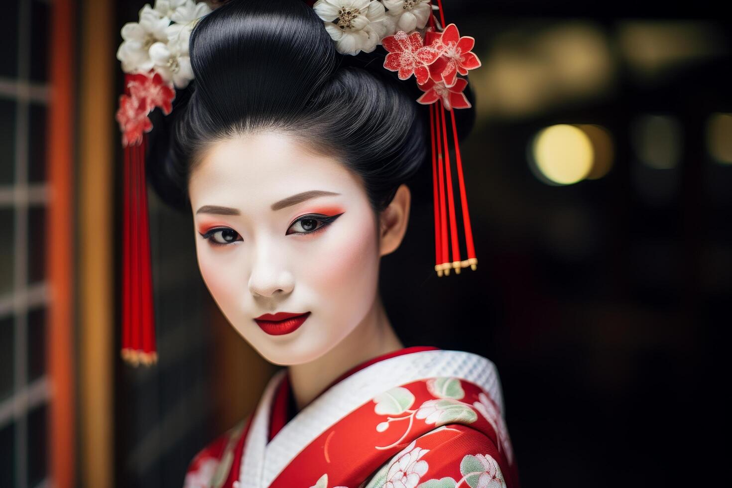 Elegant geisha portrait with traditional hairstyle and makeup photo