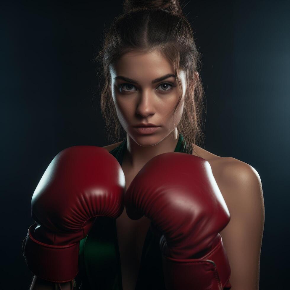 Determined female boxer in red gloves photo