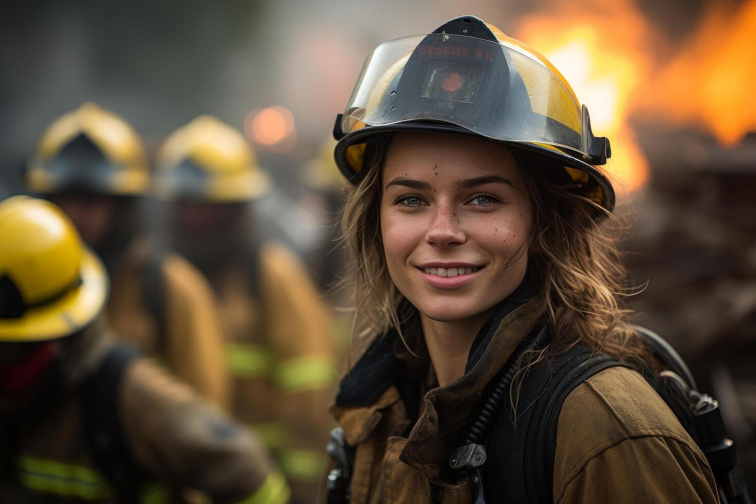 Smiling firefighter in protective gear photo