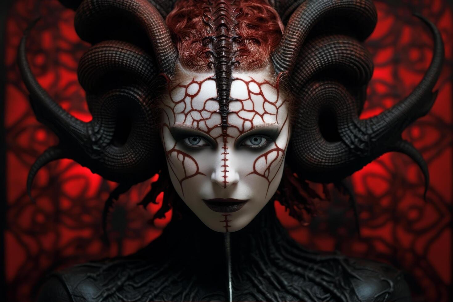 Demonic fantasy portrait with horns and intricate face paint photo