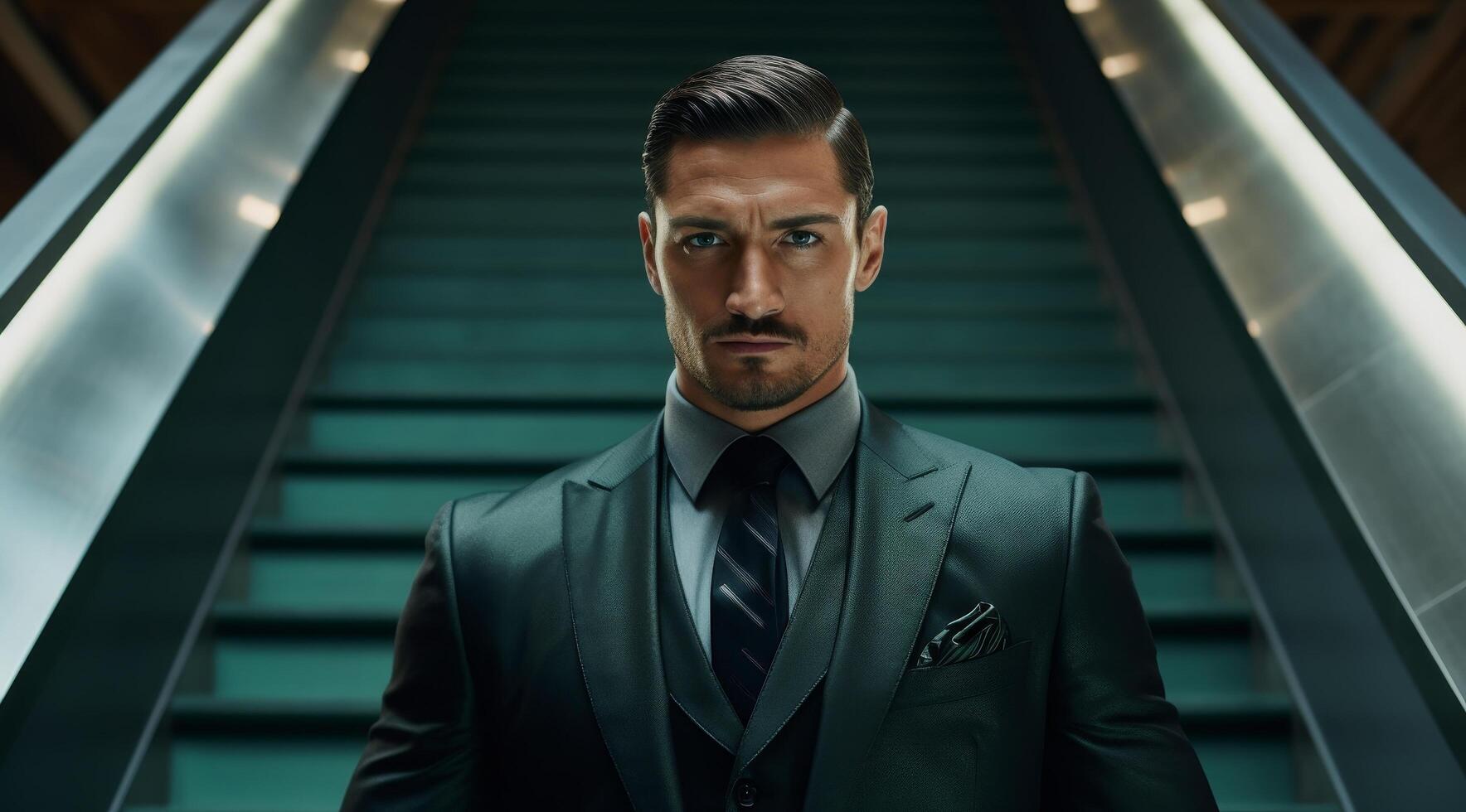 Confident businessman in a dark suit standing on an escalator photo