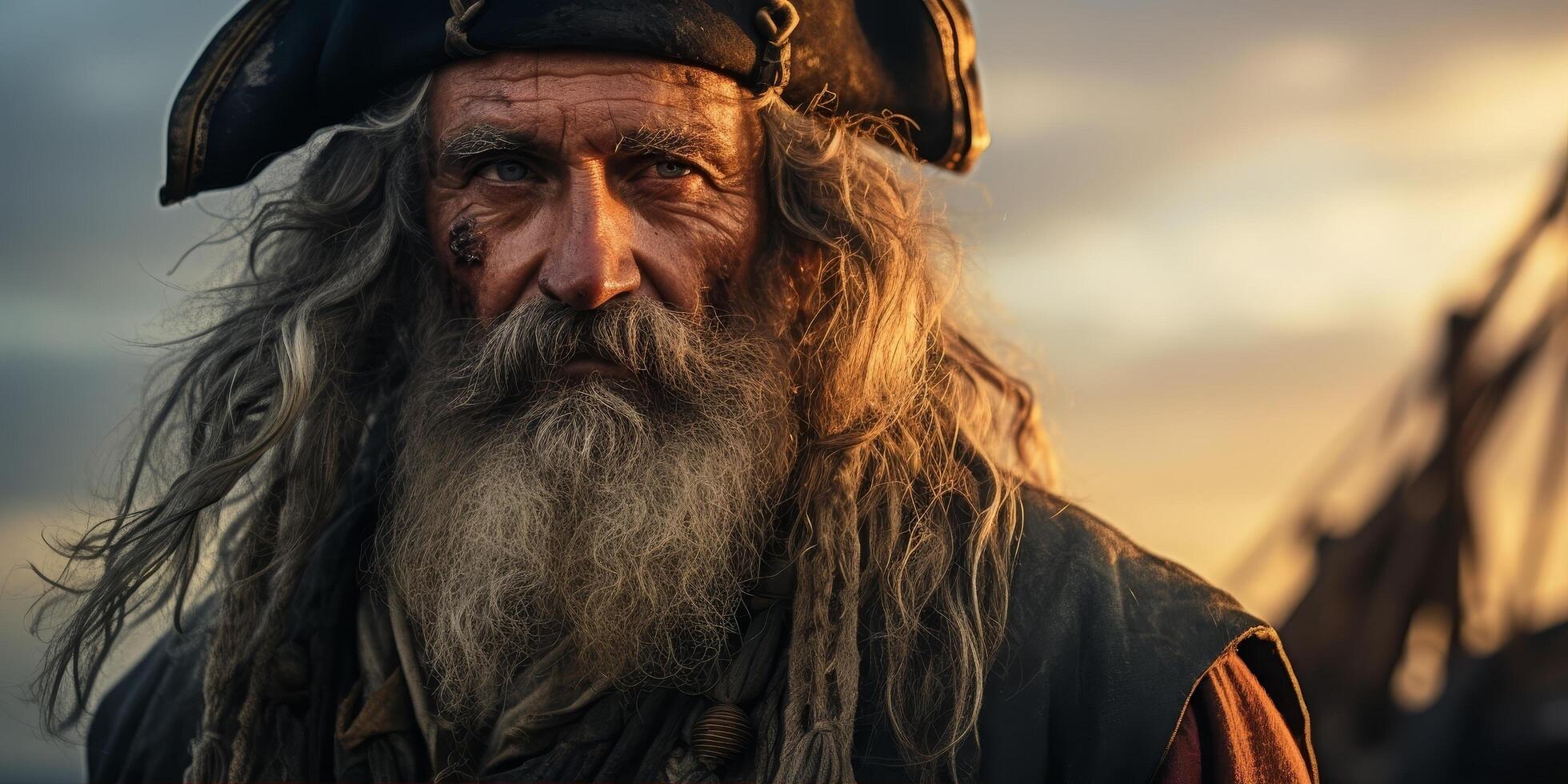 Rugged pirate with long beard and weathered face photo