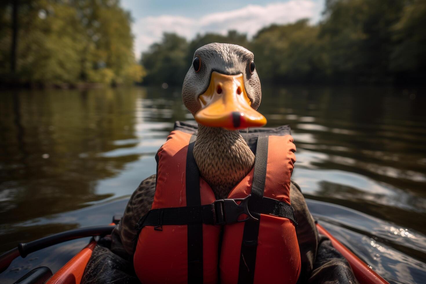 close up of a duck wearing a life jacket on a lake photo