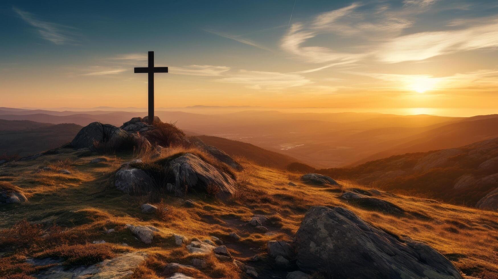 Dramatic sunset over a cross on a rocky mountain photo