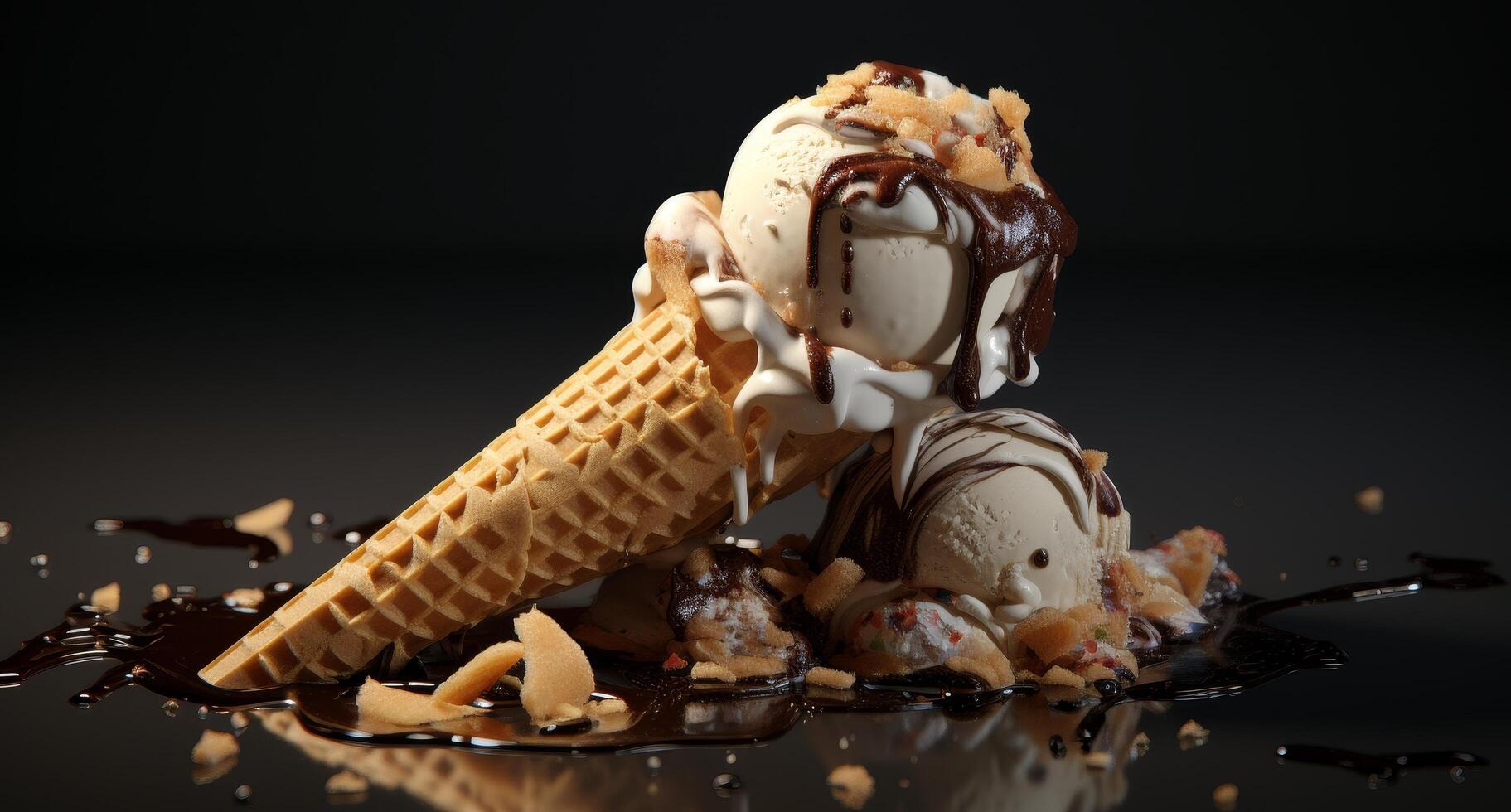 Delicious ice cream sundae with chocolate syrup and waffle cone photo