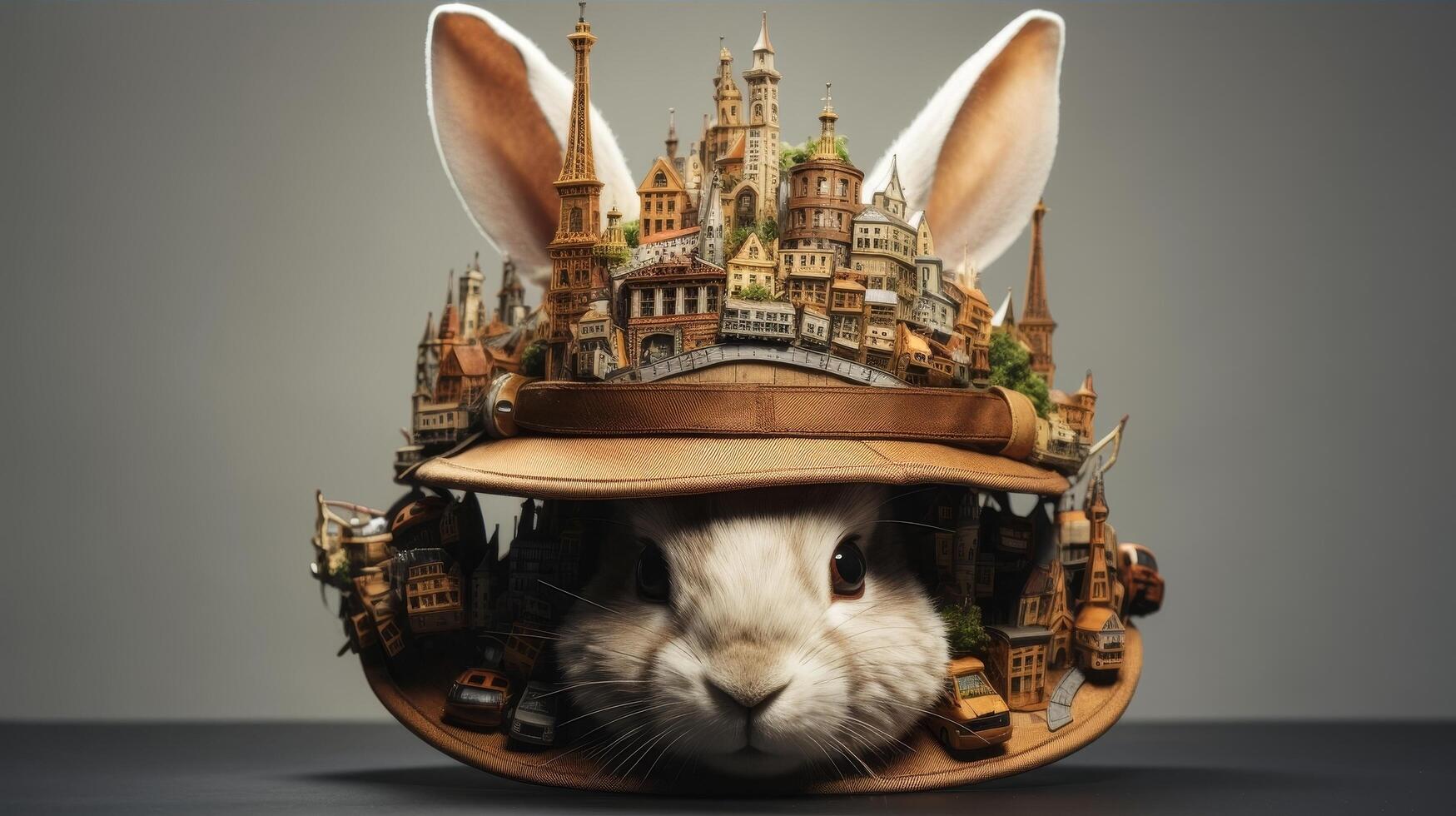 Whimsical rabbit in a fantasy castle scene photo