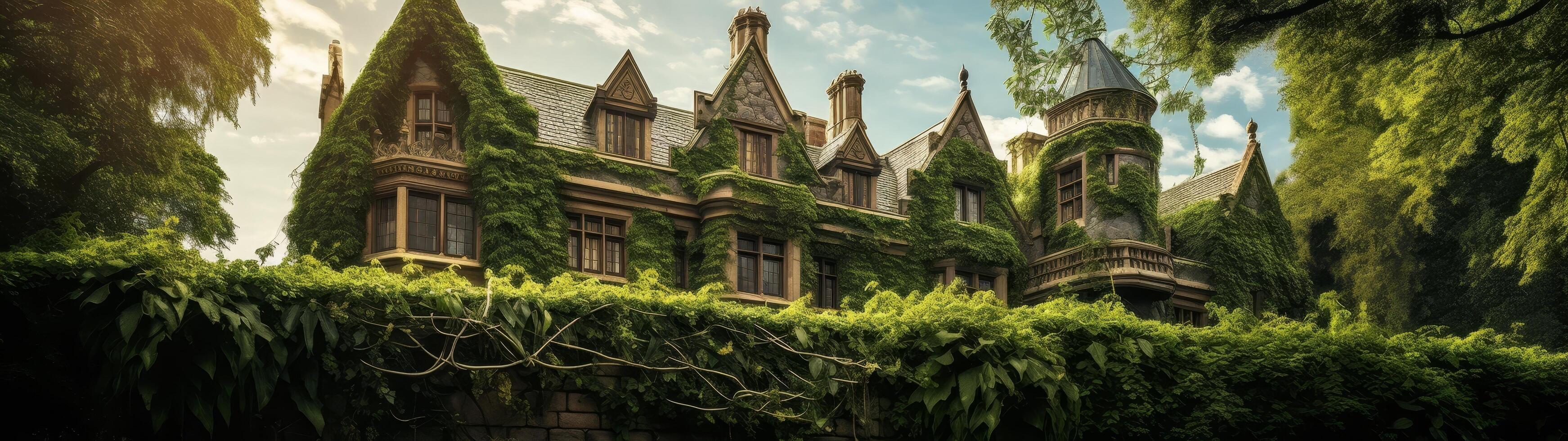 Enchanting overgrown gothic manor house in forest photo