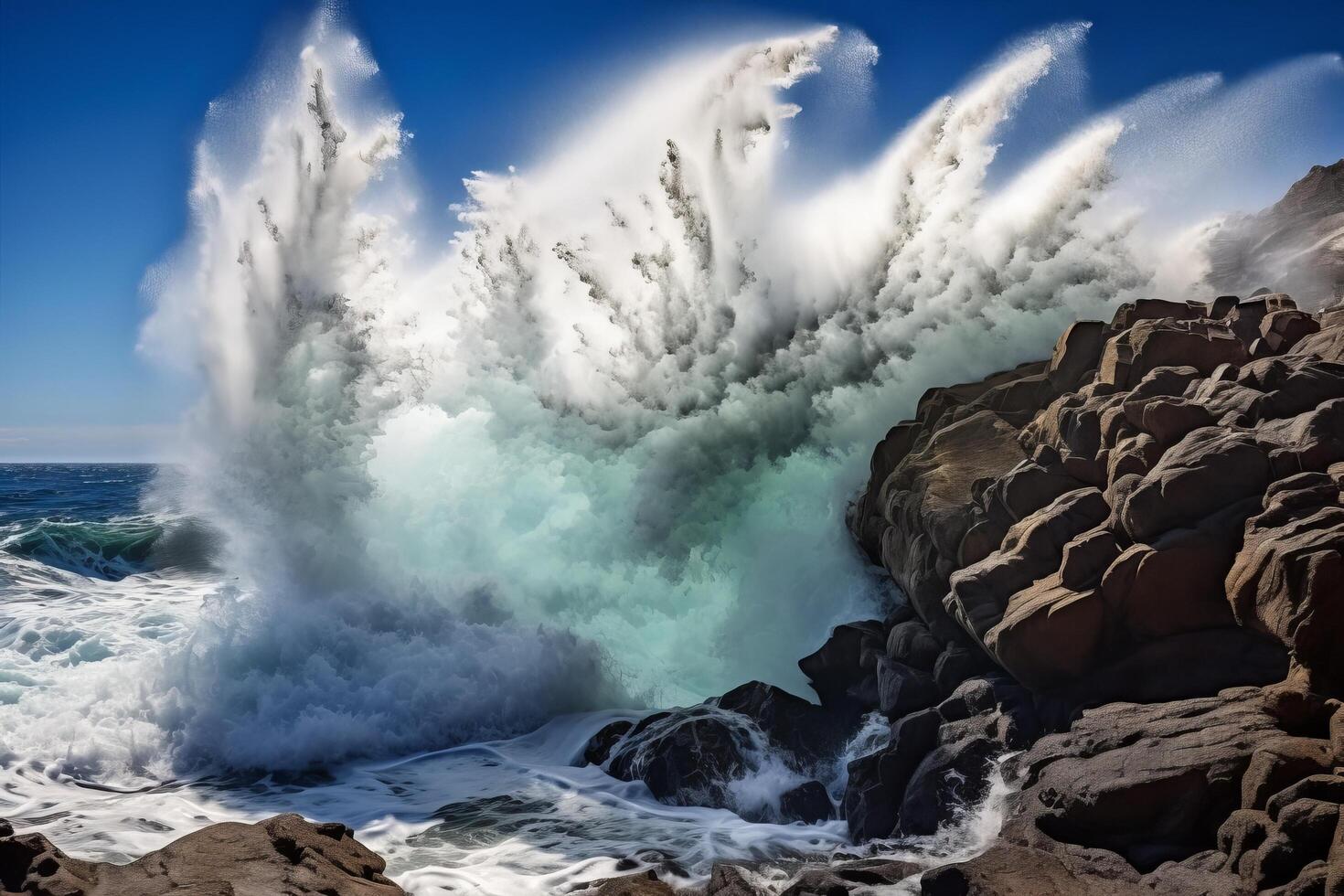 Powerful ocean wave crashing against rocky coastline photo