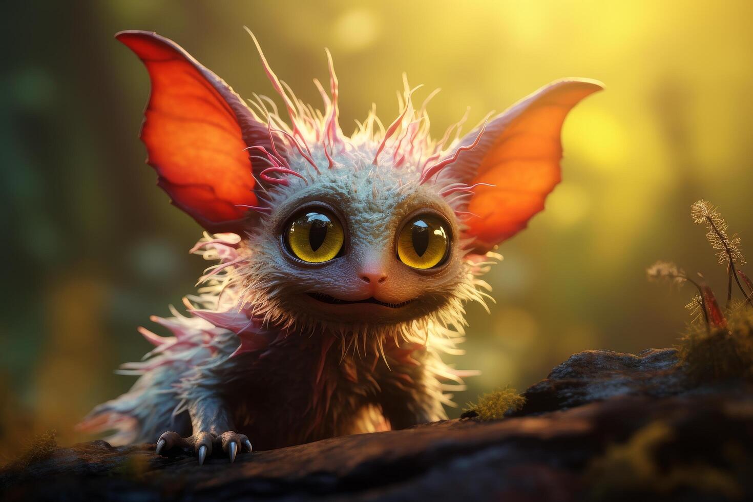 Whimsical fantasy creature with vibrant feathers and large eyes photo