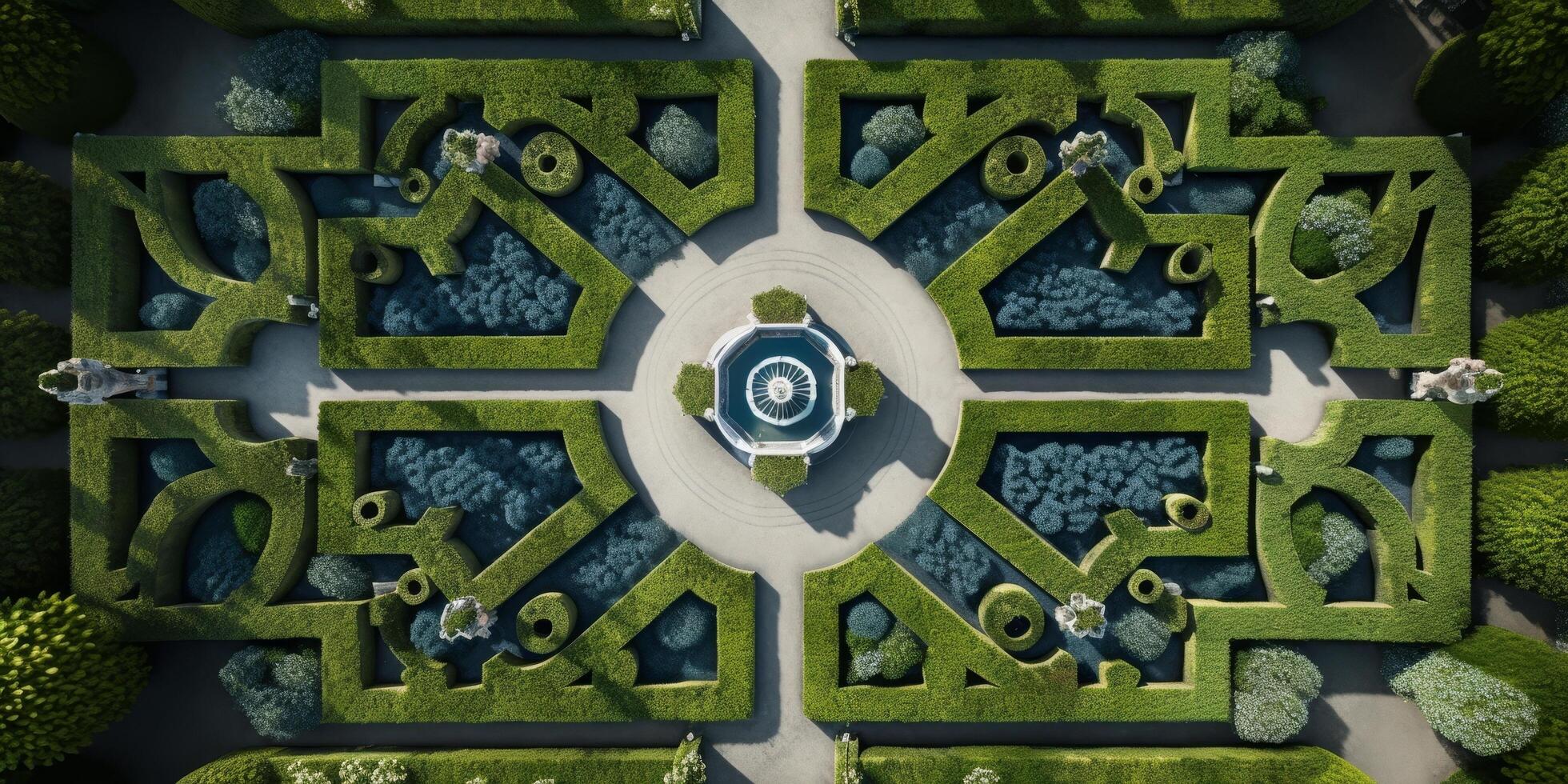 Ornamental garden with geometric patterns and water feature photo