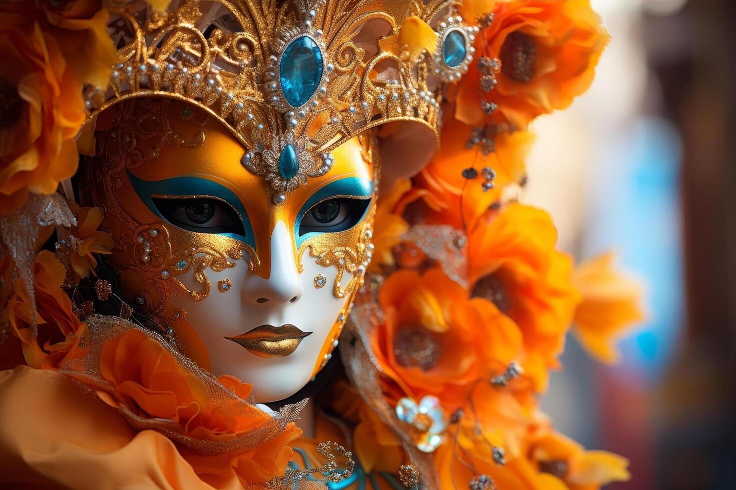 Ornate venetian carnival mask with vibrant orange feathers photo
