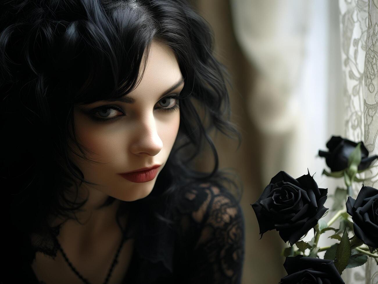dark and mysterious woman with black roses photo