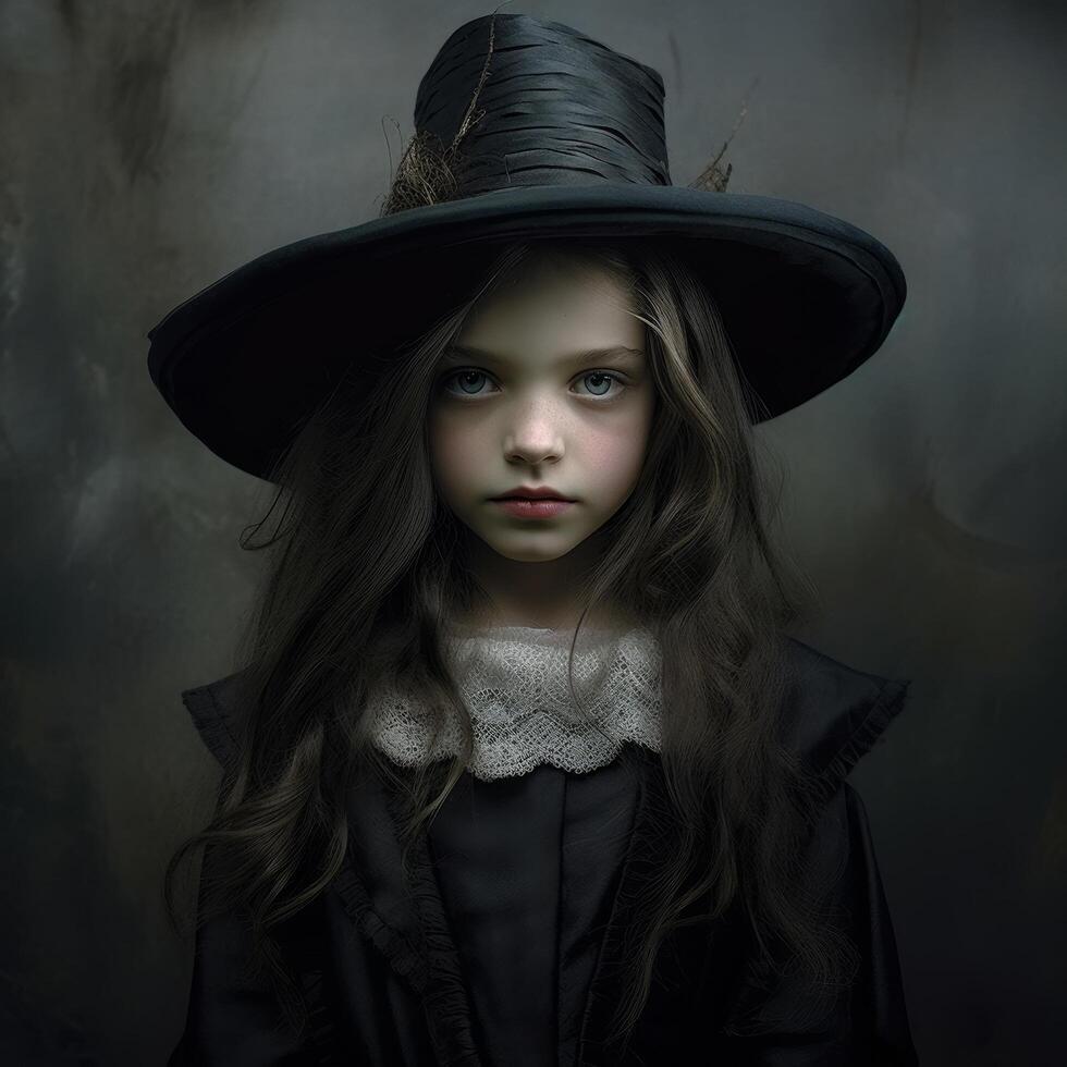 dark and mysterious young girl in black hat and coat photo