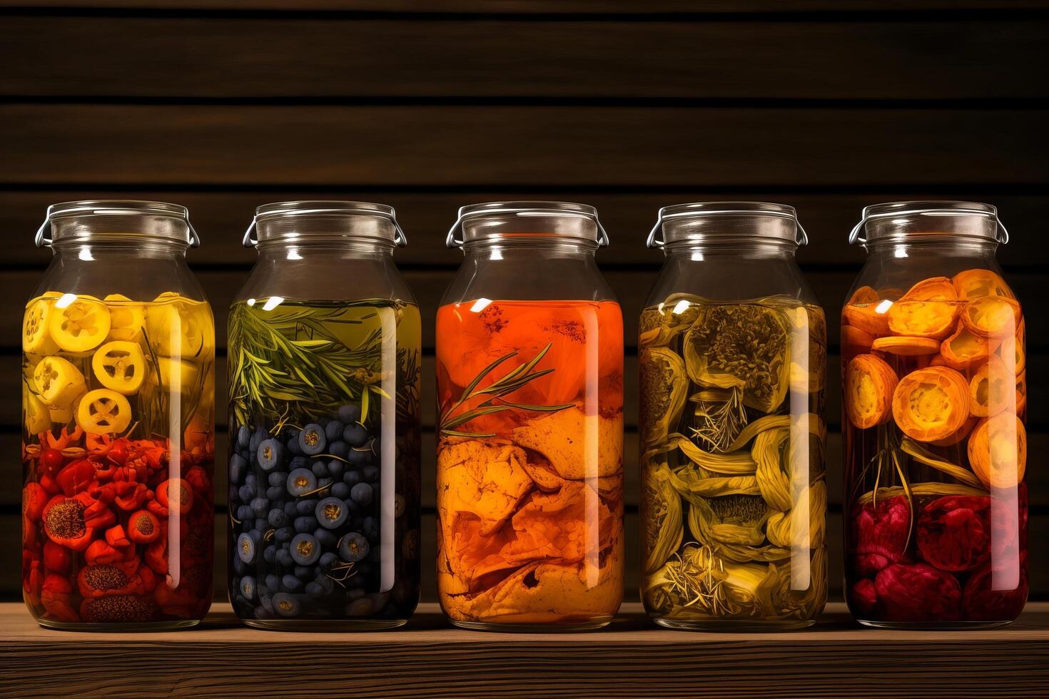 Assortment of pickled vegetables and herbs in glass jars photo