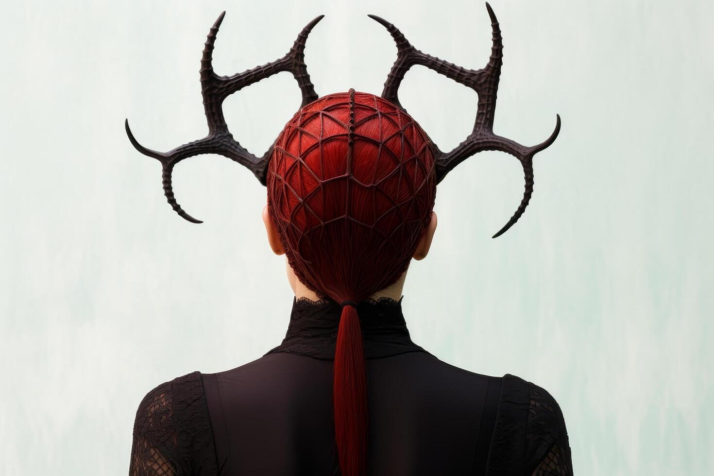 Mysterious horned headpiece with intricate red design photo