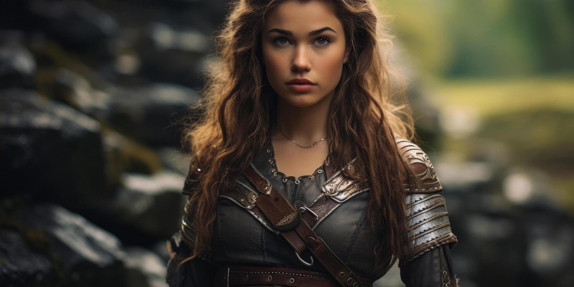 Fierce female warrior in leather armor photo