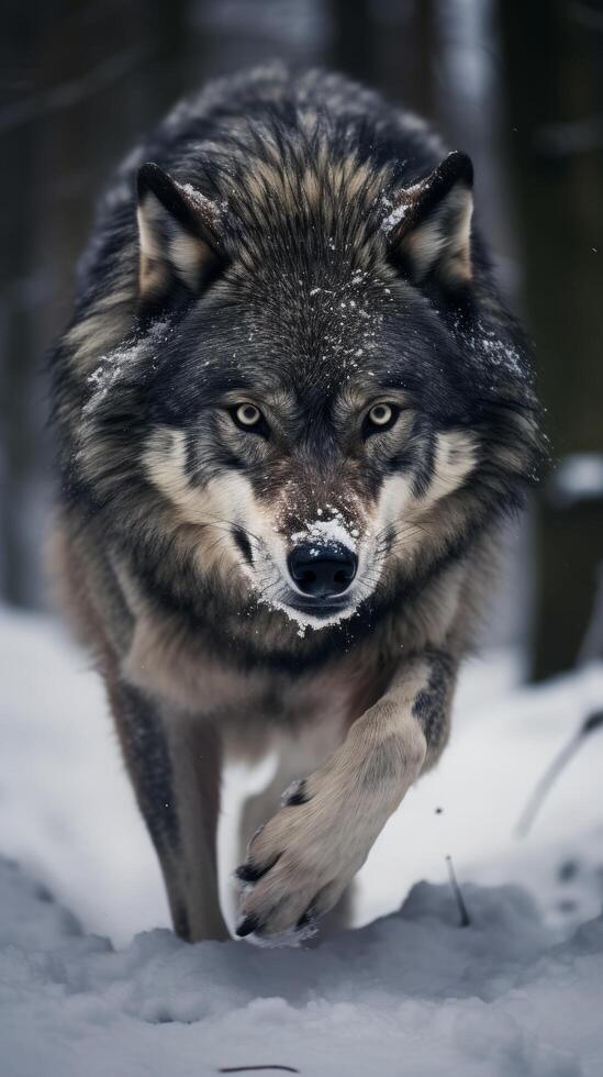 Fierce wolf in the snowy forest photo