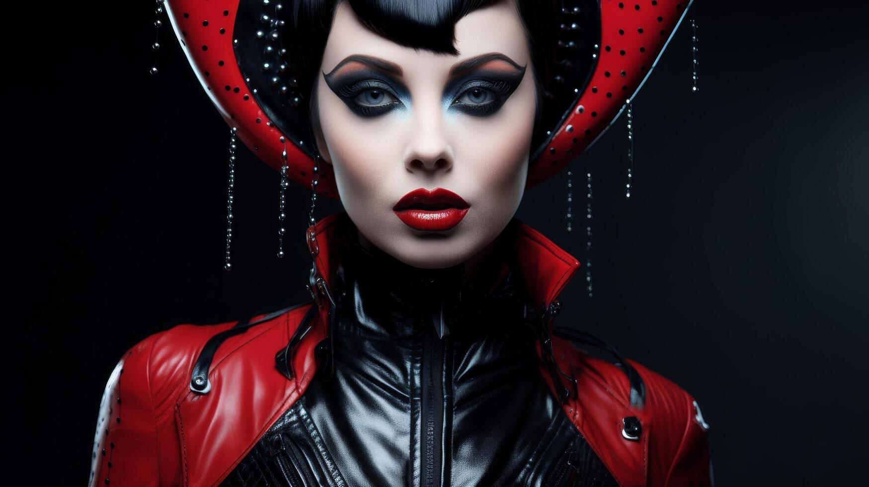 dramatic woman in red and black outfit with intense makeup photo