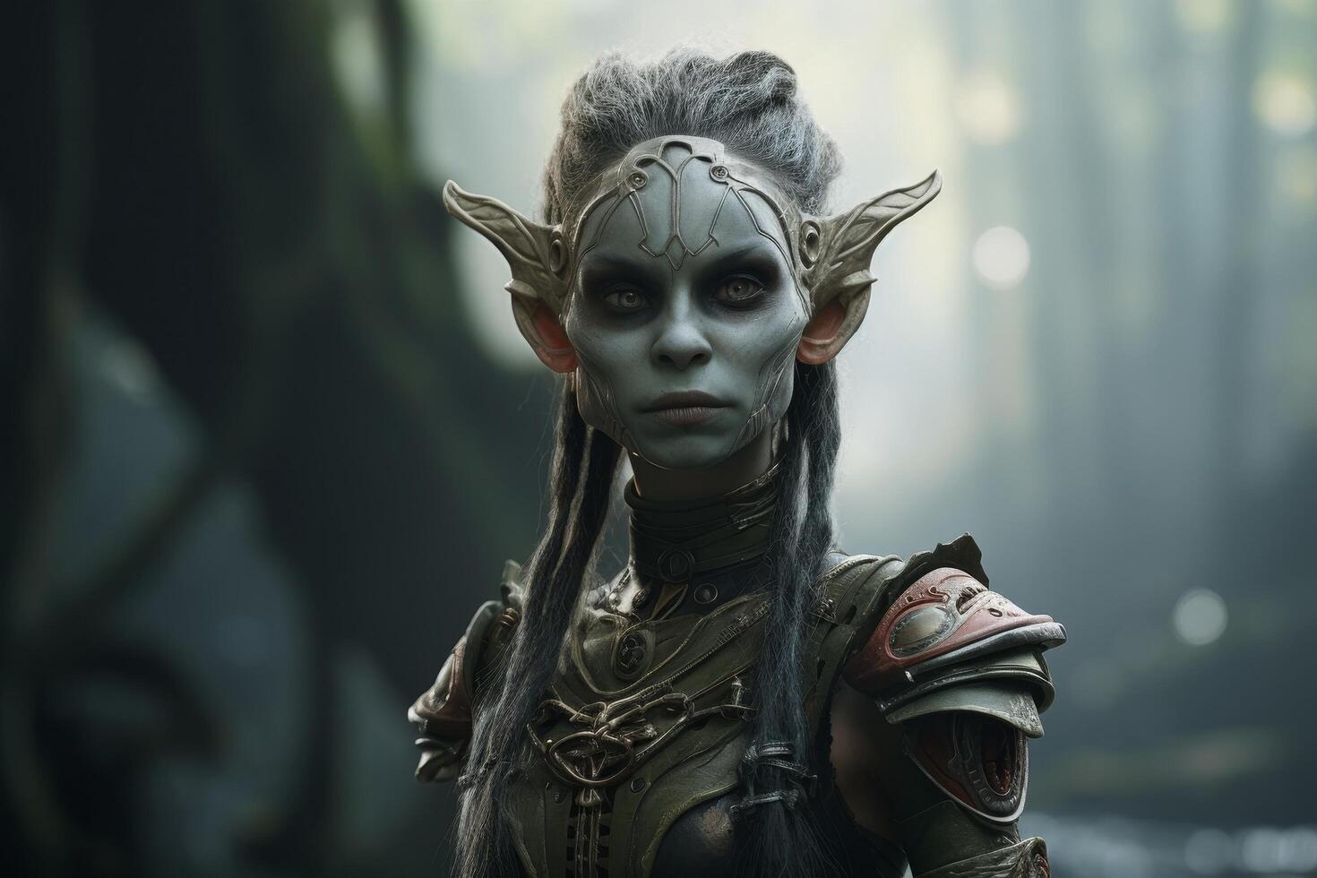Mysterious elf like creature in fantasy armor photo