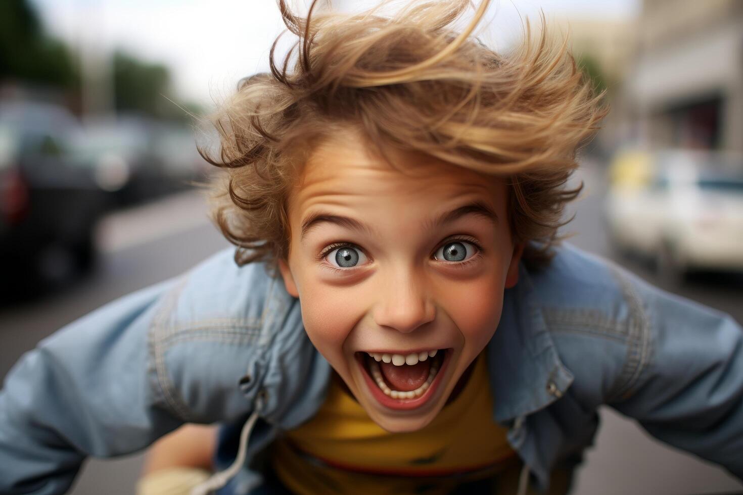 Excited young person with windblown hair photo