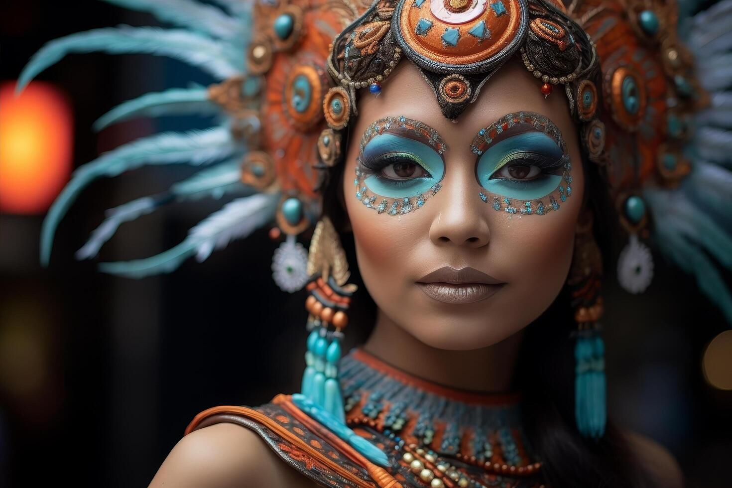 Ornately dressed woman with intricate makeup and headdress photo