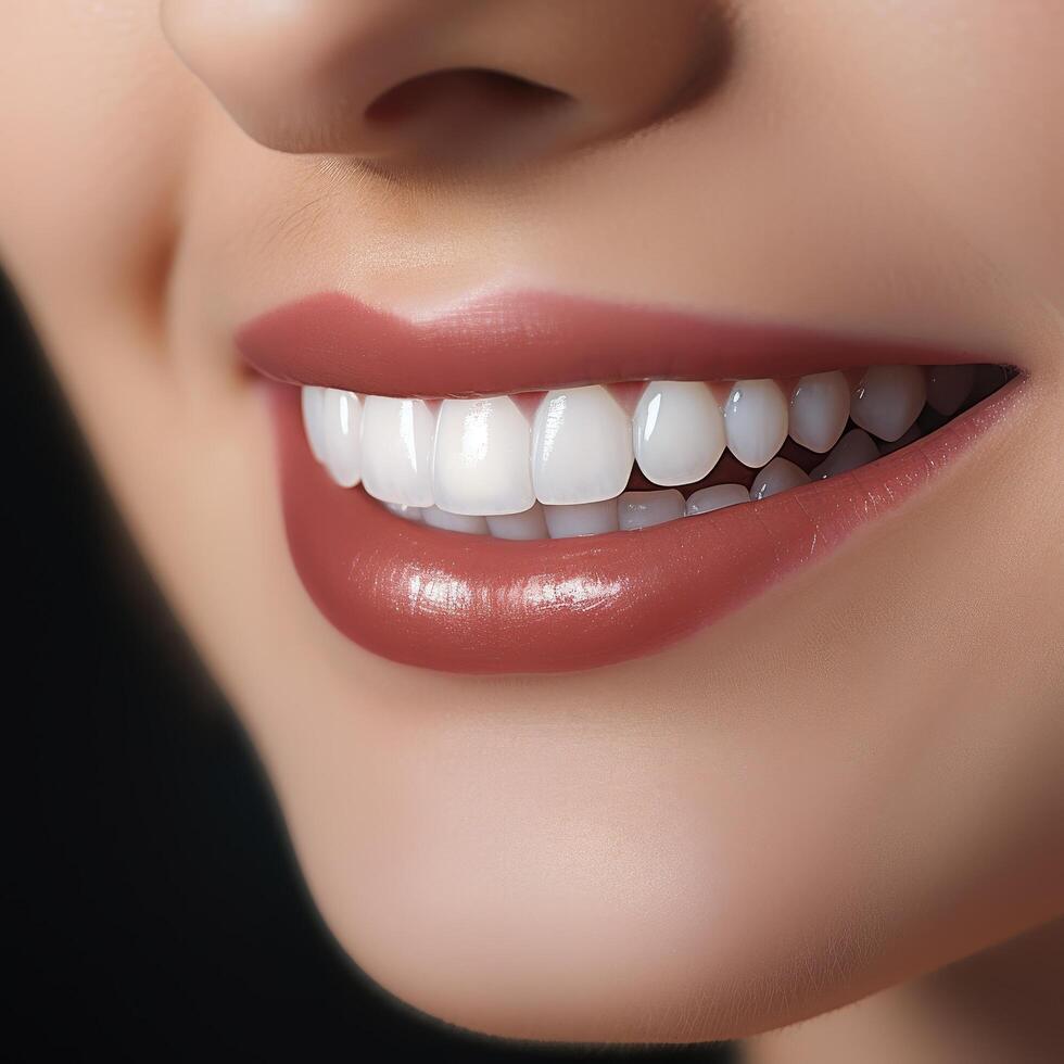 close up of a smiling womans lips with perfect white teeth photo