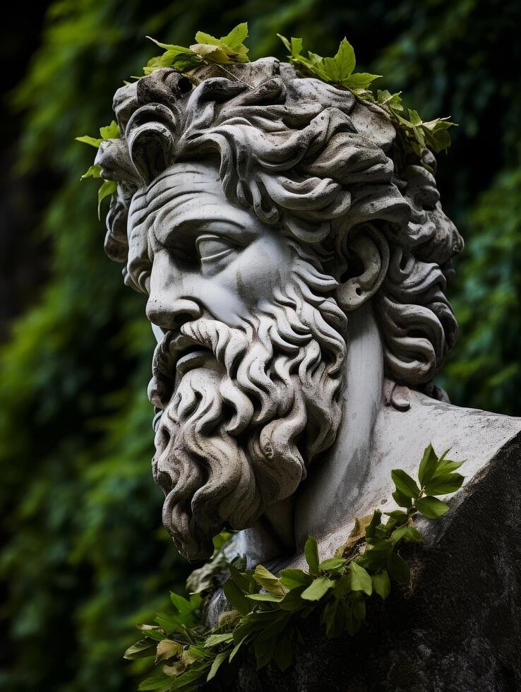 ancient stone sculpture of a bearded man with leaves photo