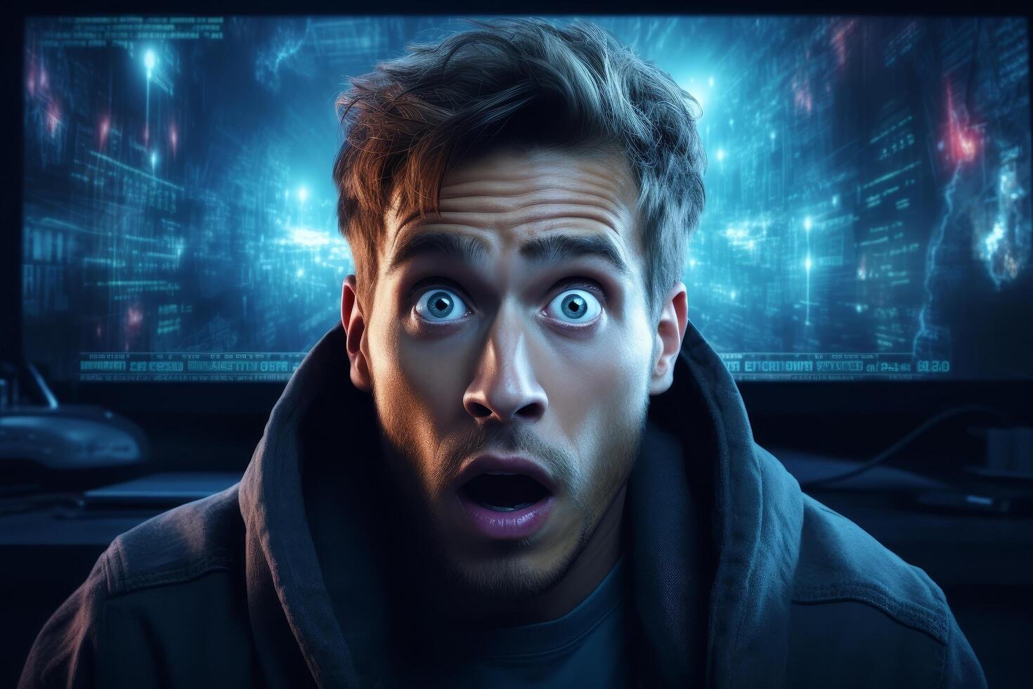 Surprised man with wide eyes in futuristic city photo