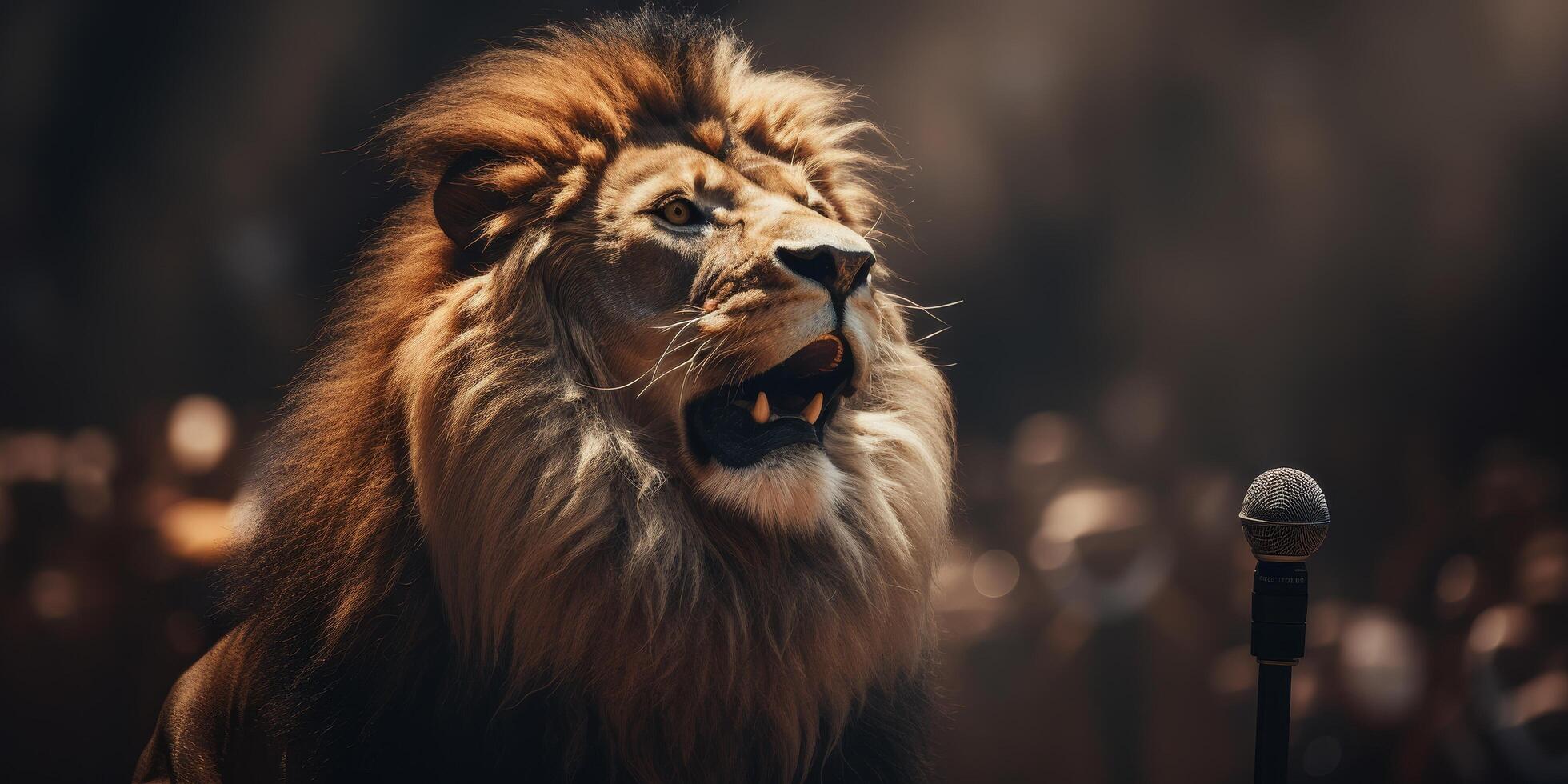Majestic lion roaring with microphone photo