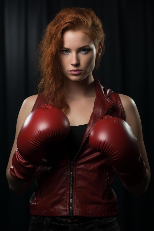 Fierce female boxer in red gloves and leather jacket photo