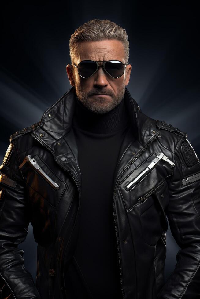 Rugged man in black leather jacket and sunglasses photo