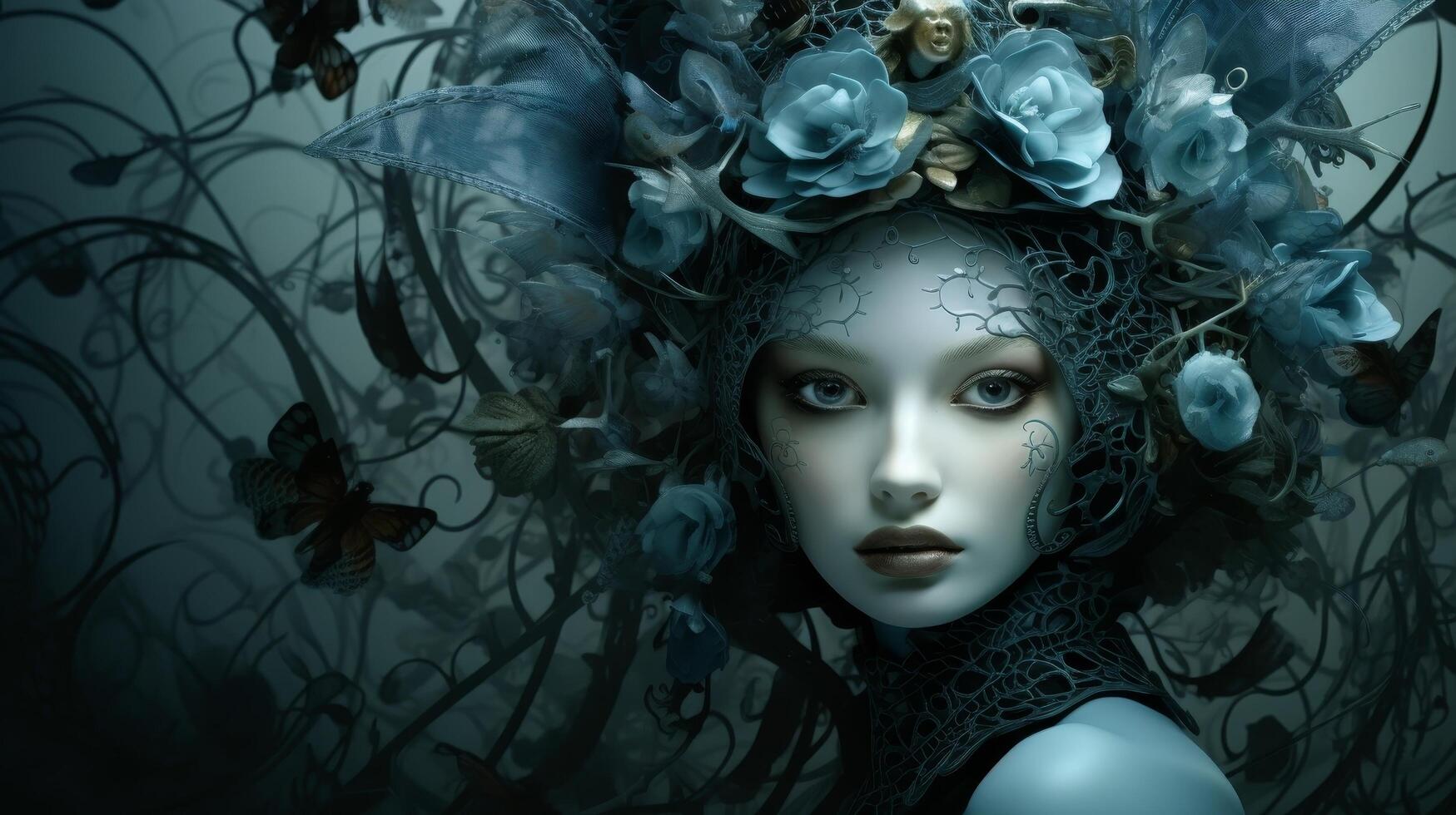Ethereal fantasy portrait of a woman with floral headpiece photo
