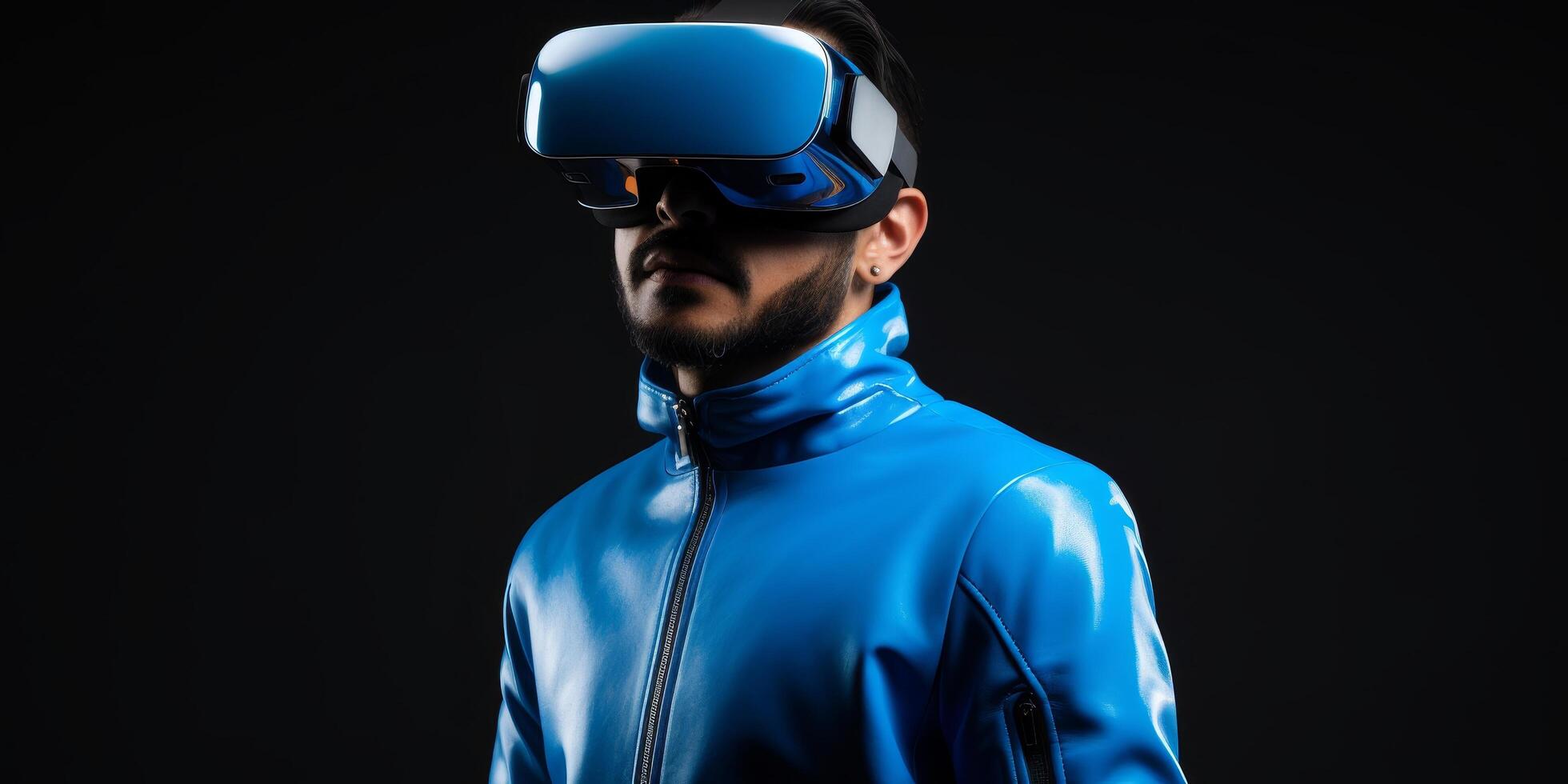 man wearing virtual reality headset and blue jacket photo