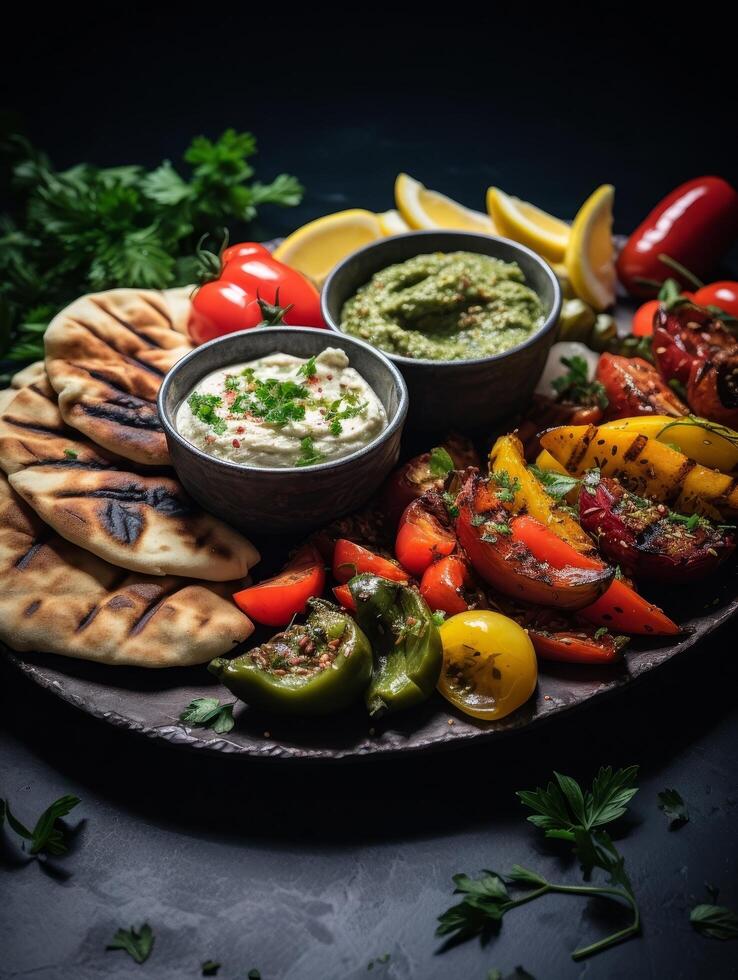 Assortment of mediterranean appetizers and dips photo