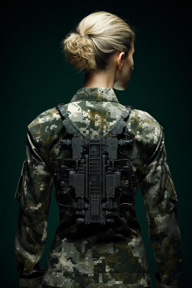 military soldier in camouflage uniform with advanced combat gear photo