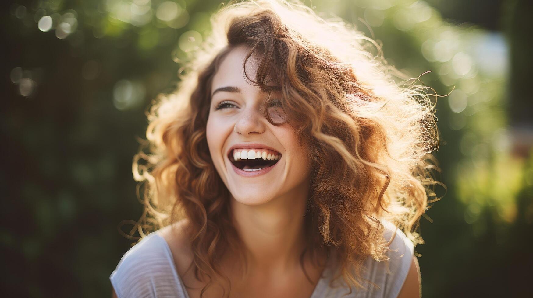 Joyful young woman with curly hair laughing outdoors photo