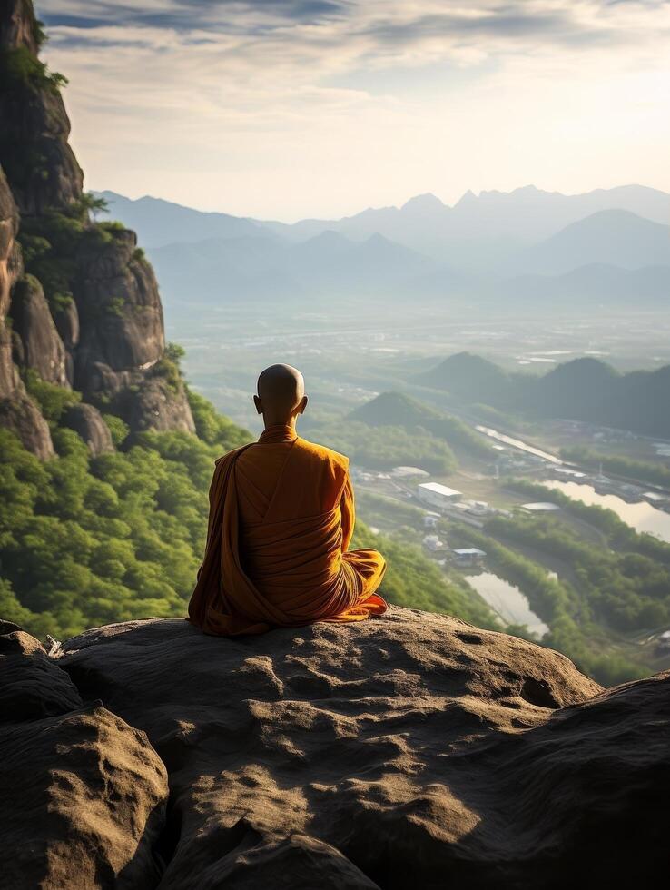 Serene monk meditating on mountain peak overlooking scenic landscape photo