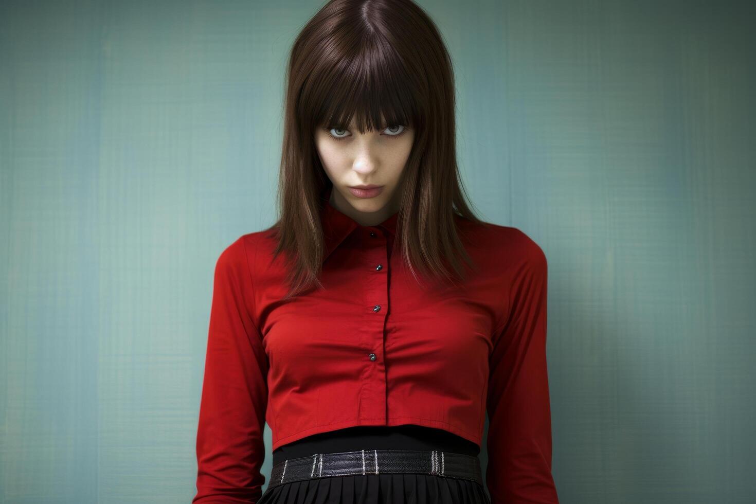 Serious young woman in red blouse photo